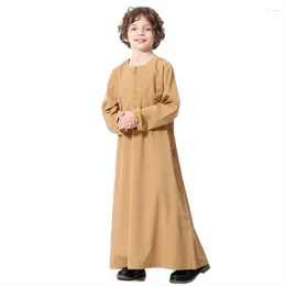 Ethnic Clothing Muslim Boys Robe Round Collar Embroidered Long Sleeves Dress Gown Saudi Arabia Abaya Kaftan Jubba Thobe Islamic Clothes