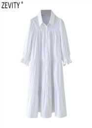 Women Turn Down Collar Pleats White Shirt Dress Chic Puff Sleeve Office Lady Vestido Business Mini DS4981 2104208627737