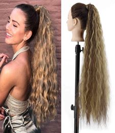 Synthetic Corn Wavy Long 34inch Ponytail piece Wrap on Clip Extensions Ombre Brown Pony Tail Blonde Fack Hair5976206