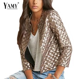 Whole 2016 Lozenge Women Gold Sequins bomber Jackets spring new wild Slim three quarter outwear casual Golden coats high qual5073604