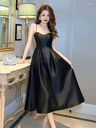Casual Dresses Summer Satin A-Line Long Evening Dress Women Mujer Simple Black Sexy Strap Chest Wrapped Slim Midi Party Prom Vestido Robe