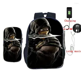 Backpack 2 Pcs/set USB Charge School Bag Scorpion In Mortal Kombat X Mask Backpackfor Teenagers Students Book Daily Laptop