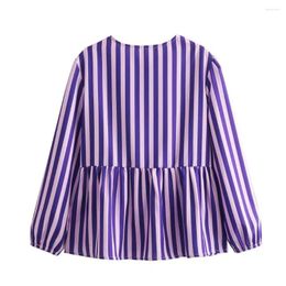 Women's Blouses Women Summer Shirt Striped Print Ruffle Hem With Lace-up Bowknot Detail O-neck Puff Long For Streetwear