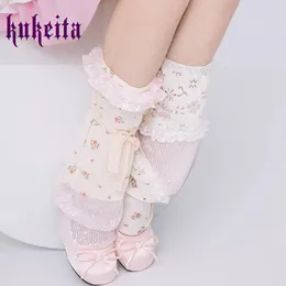 Women Socks Kukeita Harajuku Sweet Pink Lace Leg Warmer Y2k Aesthetic Lolita Kawaii Floral Sequin Lace-up Cover Boots