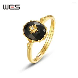 Cluster Rings WES 925 Sterling Silver For Women Black Agate Fine Jewellery Natural Gemstone 6 8mm Anniversary Engagement Party Gifts