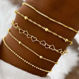 5 Piece Set Chains Bracelet for Women Men Gold Colour Silver Colour Beads Heart Simple Bracelets Fashion Jewellery Gifts