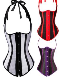 Bustiers Gothic Satin Waist Trainer Cincher Corsets Bustiers BlackWhiteRedPurple Striped Halter Boned Underbust Cupless Body Sh5919037