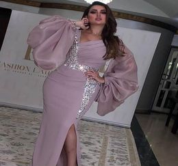 2020 New Side Split Saudi Arabia Long Sleeves V Neckless Evening Dress Kaftan Dubai Beaded Split Prom Formal Party Dresses Custom 2805734