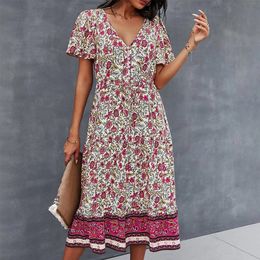 Bohemian Printed Vneck Short Sleeved Beach Style Vacation Dress Casual Women Ruffle Elastic Waist Skater Ladies 240517