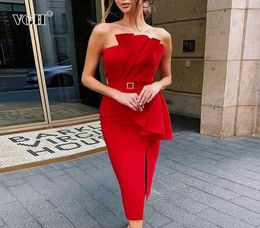 VGH Red Sexy Dress For Women Strapless Sleeveless High Waist Sashes Slim Side Split Evening Party Dresses Female Summer New 2104216873339