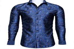 Men039s Dress Shirts BarryWang Fahsion Luxury Blue Paisley Silk Shirt Men Long Sleeve Casual Flower For Designer Fit BCY00324766761