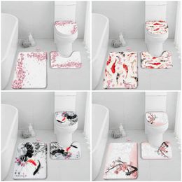 Bath Mats Cherry Blossom Mat Set Koi Carp Ink Painting Pink Flowers Bathroom Decorations Chinese Style Bathtub Rug Toilet Lid Cover