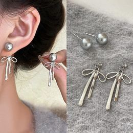 Dangle Earrings KADRUFI Kpop Ribbon Bow Grey Pearl Ball Ear Stud For Women Korean Fashion Piercing Metal Earring Jewellery Gift