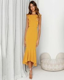 Casual Dresses Dower Me Sexy Backless Sheath Bodycon Yellow Women Dress O Neck Sleeveless Ruffled Vestidos Cocktail Party Summer M1876875