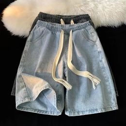 Elastic Waist Denim Trousers Mens Drawstring Shorts with Pockets Casual Summer Beach Quickdrying for Men 240516