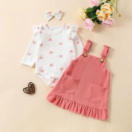 Clothing Sets Infant Girls Long Sleeves Heart Pattern Bodysuits Suspenders Skirt Headbands Outfits