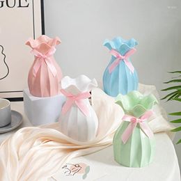 Vases Macaron Colour Flower Vase With Pink Bowknot Plastic Modern Small White Dried Flowers For Home Desktop Decor