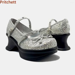 Dress Shoes Bows Bling Platform Ballet Pumps Round Toe Wedges Rivet Buckle Mixed Color Shallow Silvery Lovely Fashion Leisure