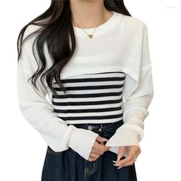 Women's Polos Women Two Pieces Slim Crew Neck Hollow Slouchy Pullover Striped Camisole Sweater Long Sleeve Crochet Knitwear Crop Tops