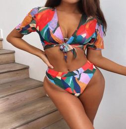 Women039s Swimwear Colorful Female Swimsuit High Waist Bikini Women Threepieces Set Short Sleeve Bather Bathing Suit Swim8348734