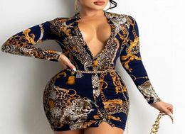 Casual Dresses High Quality Vintage Golden Chains Print Bodycon Mini Dress Womens Long Sleeve Skinny Party Club Wear Special Occas4808704