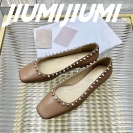 Casual Shoes JIUMIJIUMI Handmade Woman Square Toes Shallow Concise Slip-On Ballet Flats Pearl Rivet Decora Solid