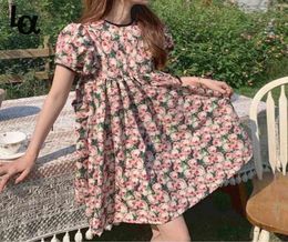 Vintage Floral Dress Women Elegant Kawaii Chiffon Korean Sweet Chic Casual Puff Sleeve Beach Summer 2105197759328