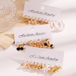 Stud Earrings Temperament Pink Heart Gold Color Irregular Pearl Pendant C-Shaped Set Women Accessories