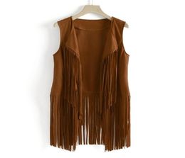 Women s Fringed Vest Jacket Fashion Fall Winter Suede Ethnic Sleeveless Cardigan Vintage Faux Tassel Coat Coffee 2208176543448