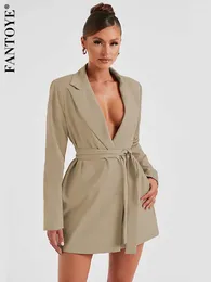 Casual Dresses Fantoye Sexy Notched Collar Belt Women Dress Khaki Long Sleeve High Waist Female Autumn Skinny Elegant Party Clubwear 2024