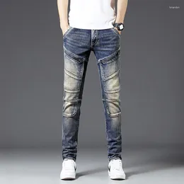 Men's Jeans High-End Vintage Street Tide Brand Personality Zipper Slim Fit Patchwork Stretch Retro Motorcycle Long Pants