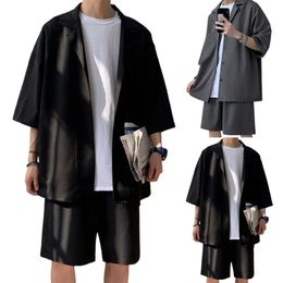 Korean Style Mens Set Suit Men Solid Colour Loose Design Two Pieces Trendy Coat Shorts Summer Oversized Clothing Man 240511