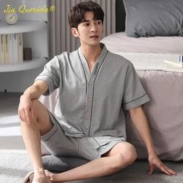 SUKAE Men Nightwear Home Clothing Summer Shorts Two Pieces Cotton Big Size 3xl 4xl Pajama V Neck Japanese Kimono Pjs Sleepwear 240518