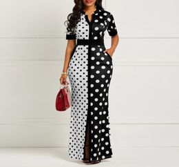 Clocolor African Dress Vintage Polka Dot White Black Printed Retro Bodycon Women Summer Short Sleeve Plus Size Long Maxi Dress Y198720302