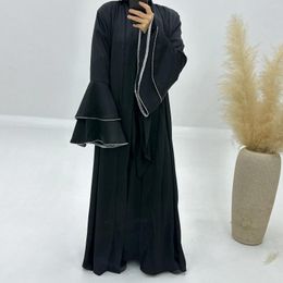 Ethnic Clothing Women's Solid Colour Stylish Striped Bell Sleeves Muslim Dress Elegant Causal Abaya Dresses Ankle Length 2024 Sundress
