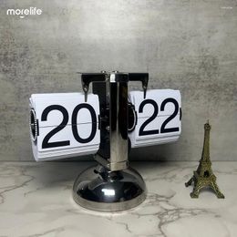 Table Clocks European Style Creative Retro Flip Down Page Desk Clock Stainless Steel Mechanical Automatic Page-turning Home Decorations