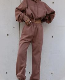 2 Piece Set Fleece Tracksuit Women Sets Winter Hooded Long Sleeve Pocket Female Short Hoodie Suit Autumn Sport Pants Lady Suits Y11172342