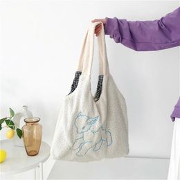 Bag Cute Lamb Embroidered Women Shoulder Student Girls Book Handbags Large Capacity Ladies Shopping Bags Plush Casual Tote