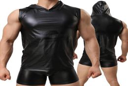 Men039s Tank Tops Men Sexy Fetish Faux Leather Hooded Vest And Boxer Male Black Underwear Erotic Undershirts Lingerie Clubwear5979067