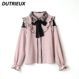Women's Blouses Spring Autumn Japanese Style Original Mine Lace-up Off-Shoulder Tops Lolita Blouse Cute Sweet Girls Long Sleeve Shirt