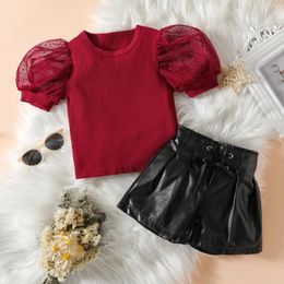 Clothing Sets 1-6Y Toddler Kids Baby Girls Clothes Tulle Puff Sleeve Ribbed T Shirt Tops PU Leather Lacing Shorts 2PCS Outfits
