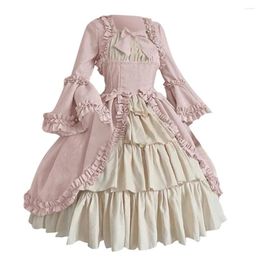 Casual Dresses Vintage Gothic Court Dress Bow Lolita Medieval Square Collar Waist Hugging Stitching Ruffle Cute Puffy