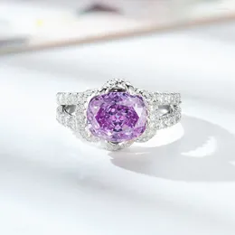 Cluster Rings Luxury Platinum Plating Amethyst Gemstone Women Wedding Band Exquisite Purple Zircon Crystal Resizable Ring Fine Jewellery