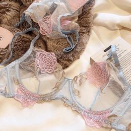 French Sexy Flower Embroidery Transparent Womens Underwear Ultra thin Underwear Set Womens Lace Intimate Large 240430