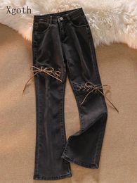 Women's Jeans Xgoth Vintage Strap Female Design Sense High Street Girl Denim Pants Niche Ankle-length Flared Dark Grey