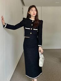 Work Dresses Korean Fashion Formal 2 Piece Outfit Women Ladies Mujer Elegant Short Coat Tops Jacket Outwear And Long Skirt Slim Black Set