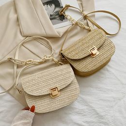 Ladies Vintage Straw Woven Chain Shoulder Bag Women Summer Small Handbag Female Beach Holiday Vacation Semicircle Saddle Bags 240517