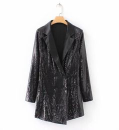 Women Black Sequin Blazer Playsuits Double Breasted Coverall Long Sleeve Shiny Jumpsuit Female Casual Romper Overalls Suit Y1905021491202