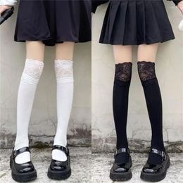 Women Socks Sweet Lace Frilly Knee High Cotton Solid Colour Long Stockings Thigh
