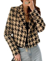Tweed Houndstooth Jacket Women Turndown Collar Double Breasted Plaid Short Coat Cardigan Autumn Winter Vintage Outwear19966395504555